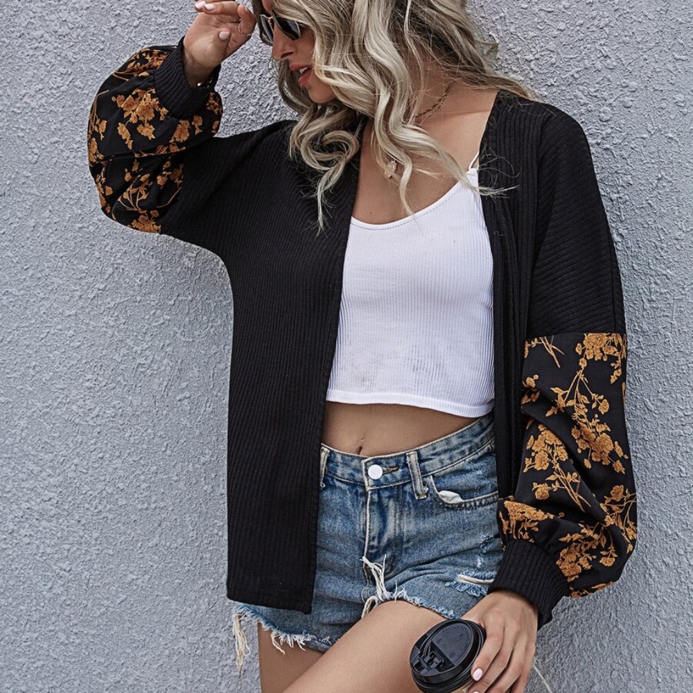 black floral print boho ribbed open front cardigan - Picture 4 of 7